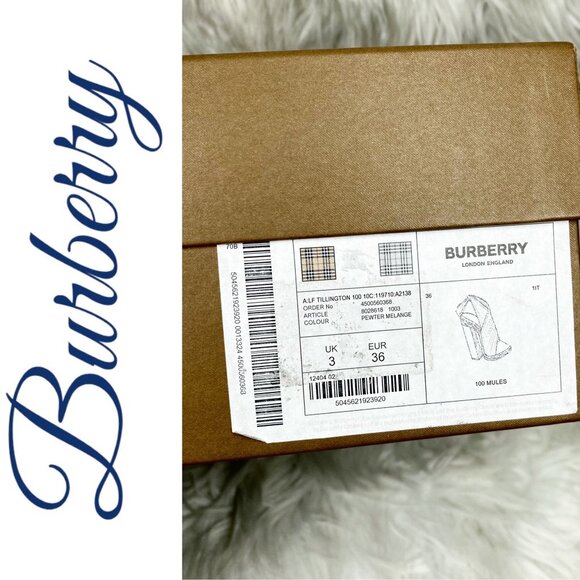 NIB BURBERRY TILLINGTON PEWTER MELANGE ANKLE WRAP SLINGBACK MULES GRAY, EU 36 - Picture 15 of 16